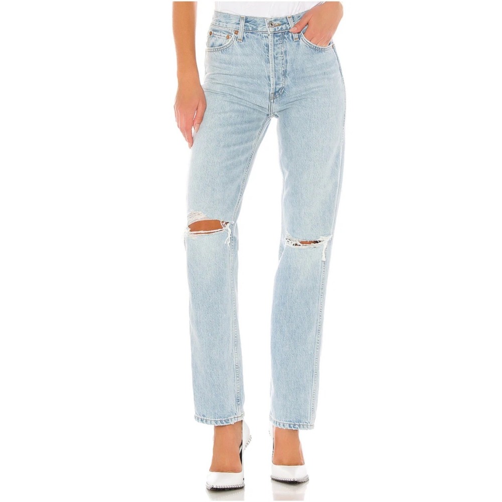 RE/DONE 90s High Rise Loose Jeans Bleach Destroy Light Wash Distressed 26